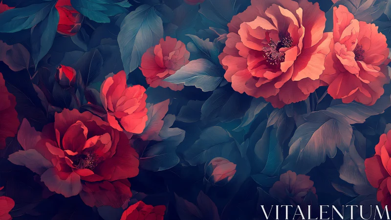Luminous Coral Peonies: Digital Botanical Rendering with Dramatic Atmospheric Depth.