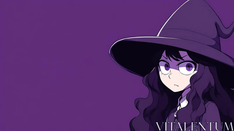 Quiet purple witch with serious eyes and soft mystery.