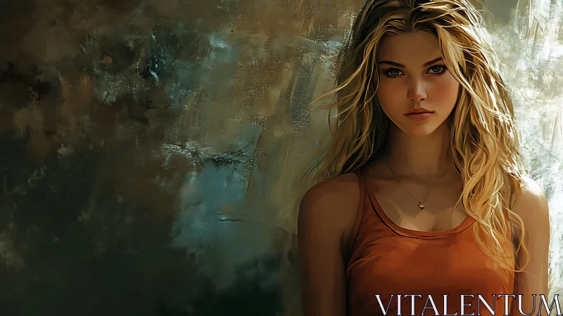 Golden haired girl against moody painted backdrop.