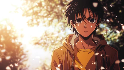 Quiet anime boy in golden forest light, lost in thought.