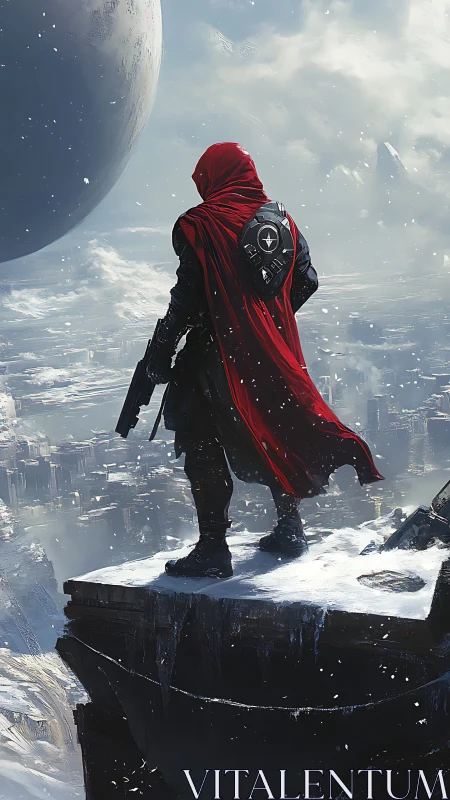 Lone space wanderer gazes over a frozen futuristic world