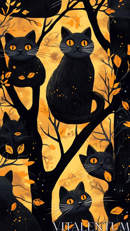 Black Cats in Autumn Trees Against Golden Moonlit Sky.