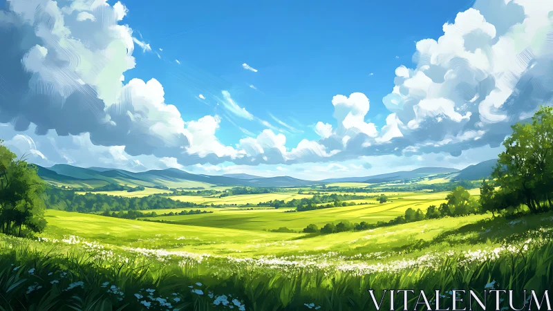 Panoramic valley landscape uses saturated palette and stylized clouds