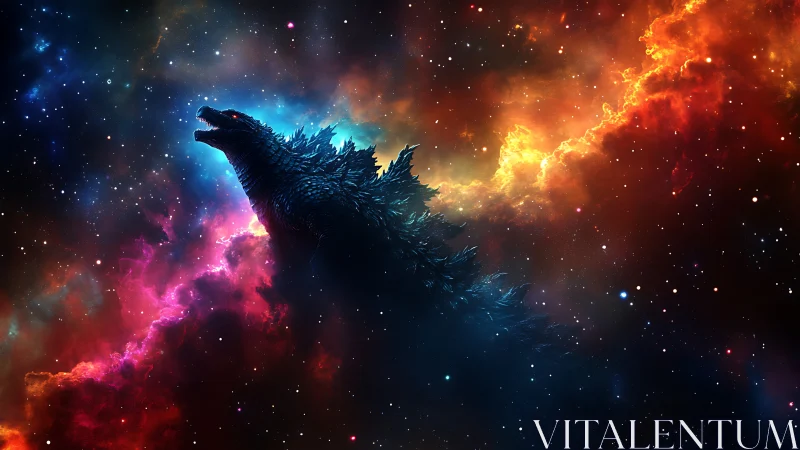Silhouetted reptilian figure against multicolored nebula field.