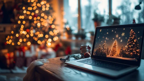 Laptop displays glowing Christmas forest beside tree.