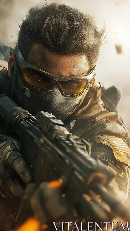 Armored soldier aiming rifle in dusty combat scene.