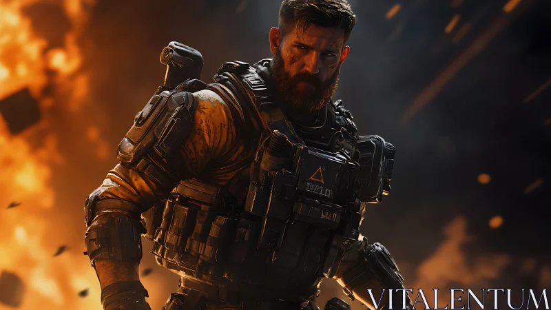 Armored soldier strides through blazing battlefield fury