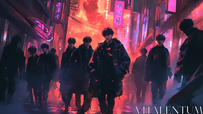 Midnight figures wander through neon smoke and quiet fire