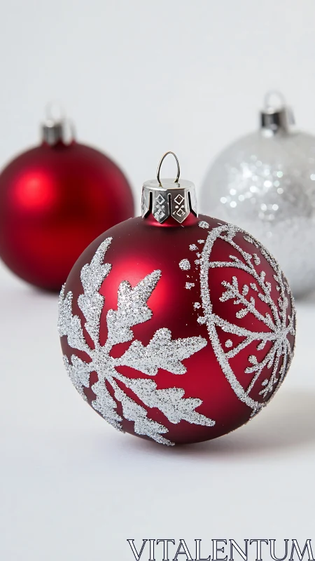 Sparkling red Christmas baubles share gentle holiday cheer