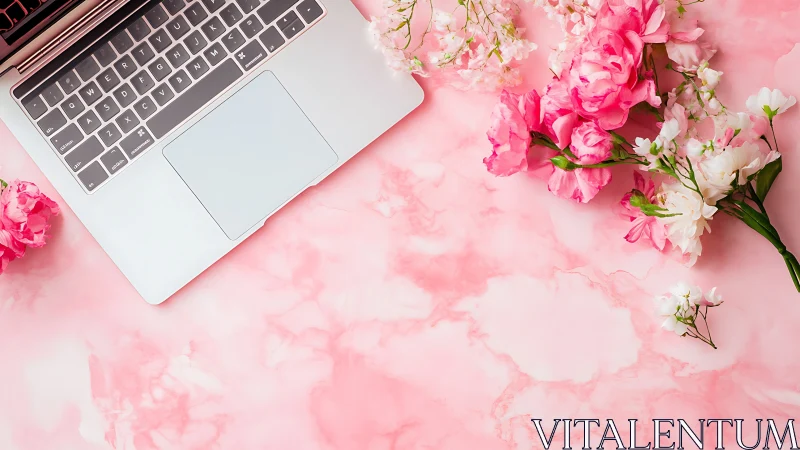 Silver laptop on pink marble desk with scattered peony florals