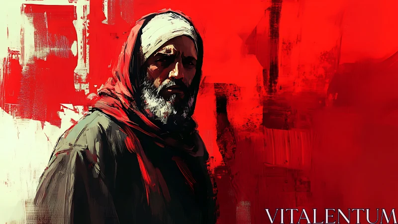 Solitary robed elder rendered against abstract crimson void