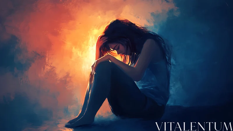 Solitary girl in chiaroscuro light amid burning dusk glow.