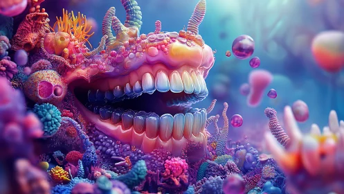 Surreal 3D biomorphic reef with iridescent toothed aperture.