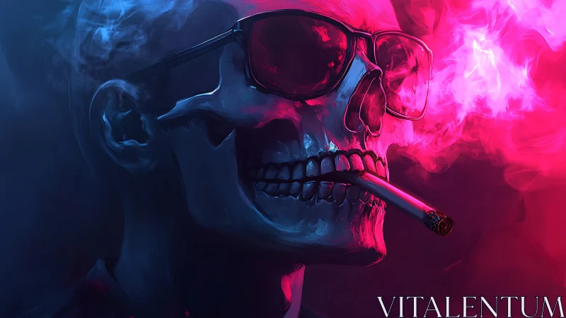 Neon-lit skull in shades enjoying a smoky midnight vibe.