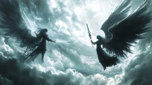 Digital painting of dueling dark angels in storm-split heavens.