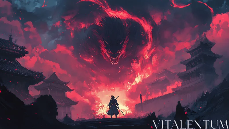 Crimson storm coils as a lone samurai confronts the sky beast