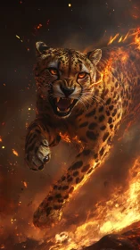 Leaping infernal leopard rendered in high-impact digital realism