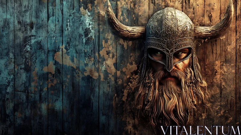 Viking warrior portrait against weathered split-tone timber wall.