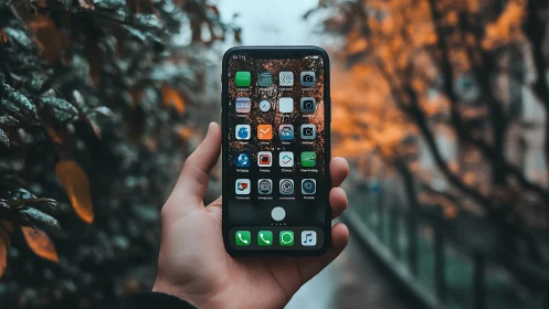 Modern smartphone displays colorful app collection in natural outdoor setting