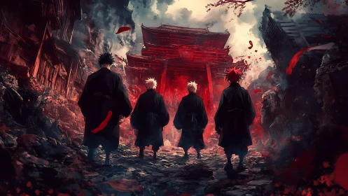 Four warriors approach burning red shrine through ruins