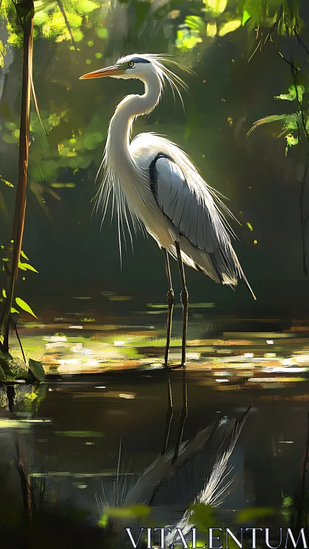 Graceful white heron stands poised beside dappled forest pond.