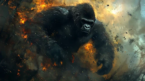 Colossal gorilla charges through explosive inferno clouds.