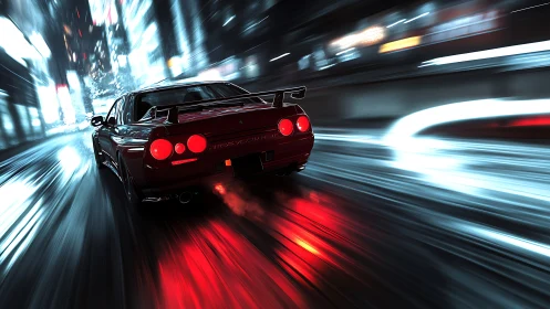 Midnight city sprint with a glowing red street racer.