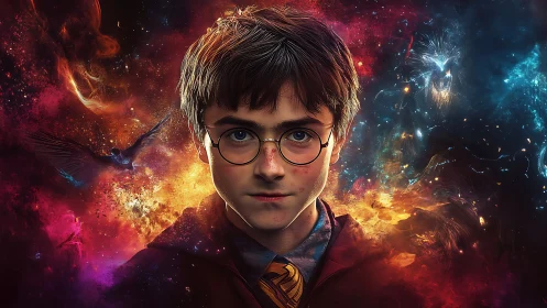 Young wizard portrait set in luminous cosmic nebula field