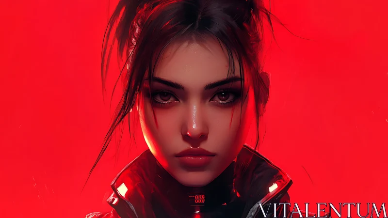 Cyberpunk portrait of a resolute woman in neon red field.