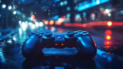 Game controller rests on wet reflective surface at night