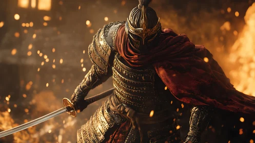 Ember crowned warrior strides through storm of molten sparks.