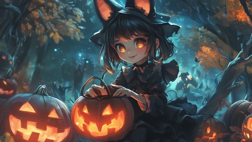Cat-eared witch girl carves glowing pumpkins in moonlit forest