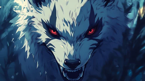 White wolf bares fangs, red eyes blaze through shadows.