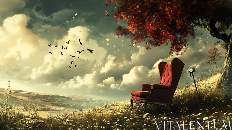 Solitary red armchair invites quiet wonder beneath autumn sky