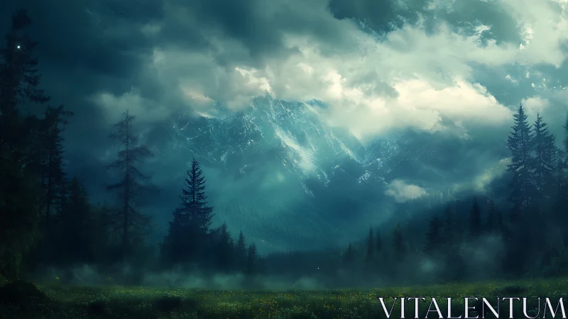 Mystic mountain forest under stormlit twilight sky.