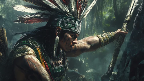 Digital painting of warrior in feathered headdress, jungle scene.