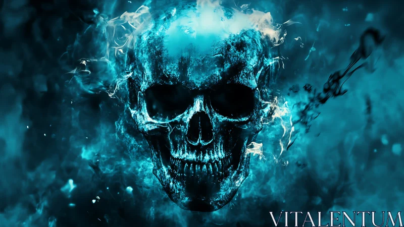 Glowing blue flaming skull in dark smoky background art.