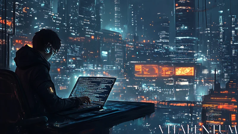 Solitary hacker codes above a neon-soaked cyberpunk megacity
