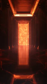 Luminous fiery portal in dark reflective corridor interior.