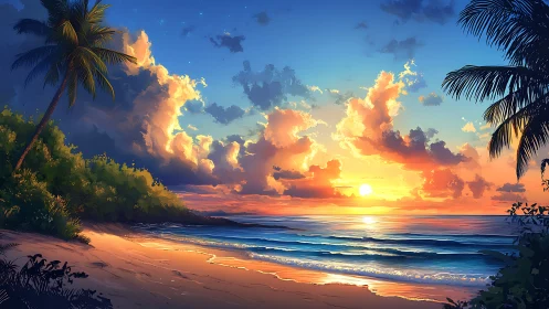 Tropical shoreline sunset with palm silhouettes and warm surf glow