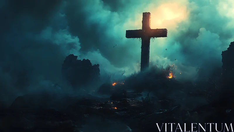 Lone cross rises through storm-lit smoke on scorched ground