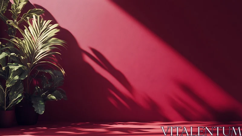 Soft afternoon light with lush plants on crimson wall.