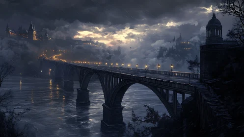 Moonlit stone bridge guiding travelers through misty night.