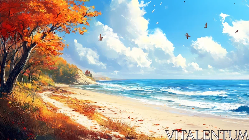 Autumn shoreline with deciduous trees and bright cumulus clouds