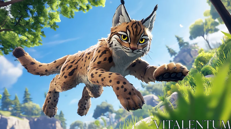 Animated lynx in mid-leap against forest backdrop.
