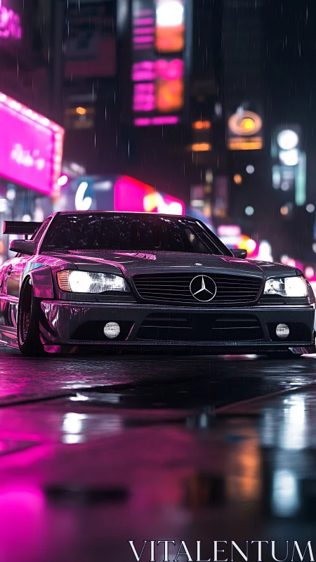 Sleek Mercedes under neon city rain at night streets.
