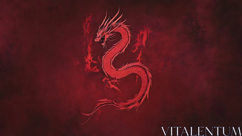 Scarlet spiral dragon igniting storms on smoky crimson walls.