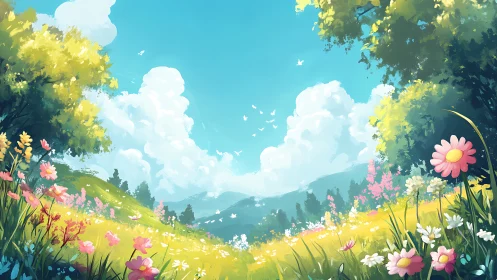 Sunlit wildflower meadow under bright blue summer skies.