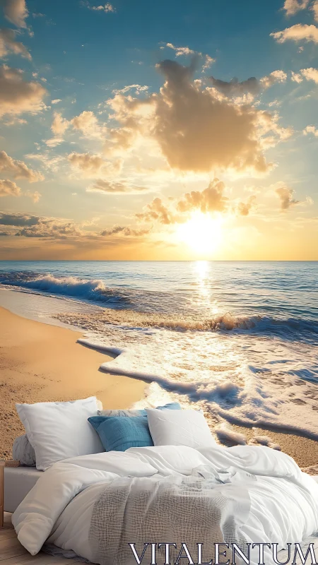 Coastal bedroom interior with luminous photoreal sunset mural.