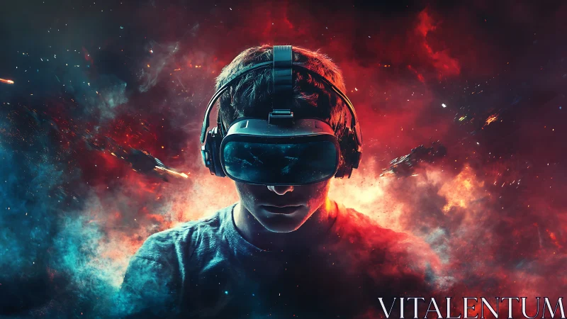 Stargazer gamer dives into neon VR nebula and digital firestorm.